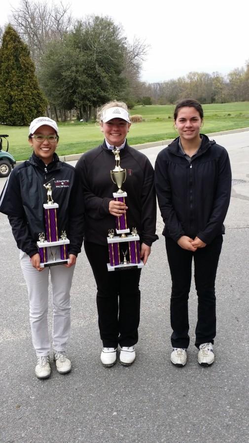 Erica Han (10th), Taylor Hughart (12th), Alyse Headley (10th)

Erica is holding her 1st place individual trophy and Taylor is holding the 1st place team trophy at the SJ Girls Invitational Golf TOurnament.