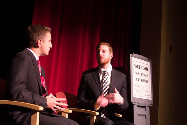 James Clementi (right), along with Jack Watson (left), speaking at the Lenape High School auditorium.