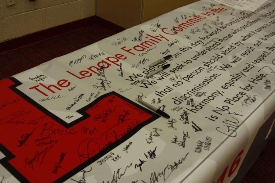 Lenape students and staff sign the banner as a pledge to be a No Place for Hate School.