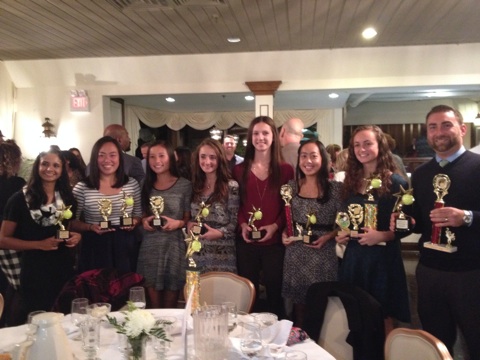 From Left To Right: Smriti Nair, Serena Lam, Cailyn Chow, Meaghan Corej, Shannon McCarthy, Alexis Cao, Gabby Shvartsman, and Coach Carnevale